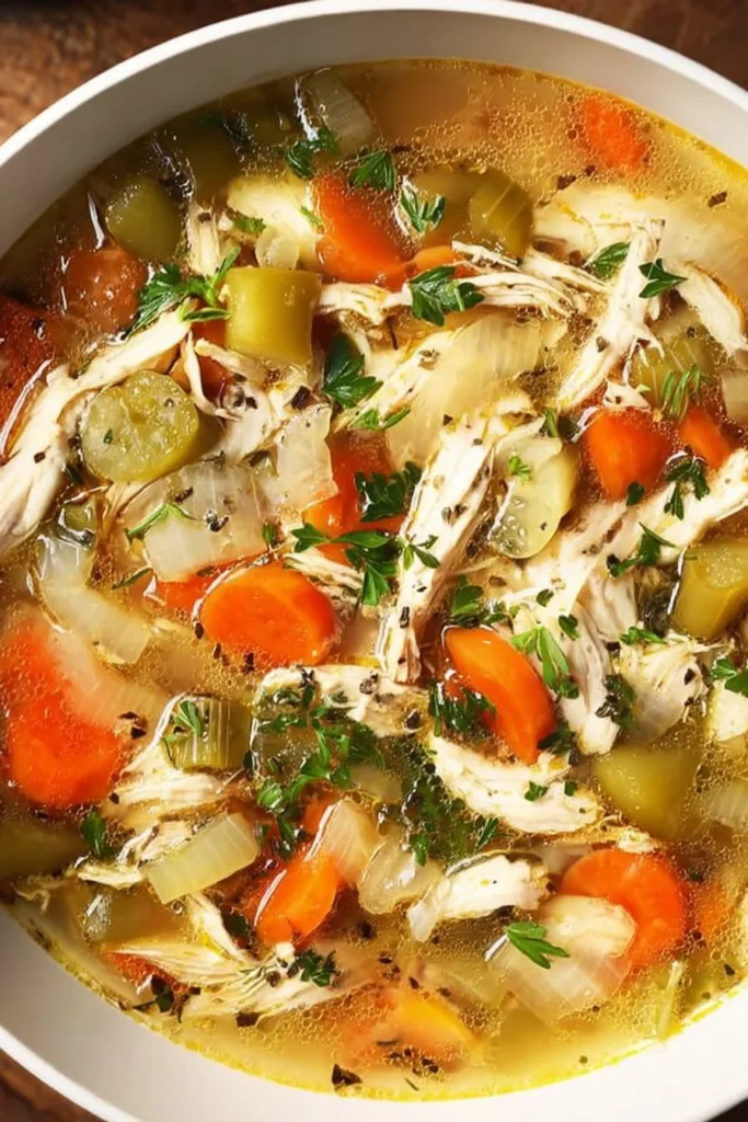 Bowl of easy homemade chicken soup with vegetables and herbs