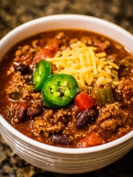 Delicious bowl of easy Instant Pot chili con carne topped with cheese and cilantro