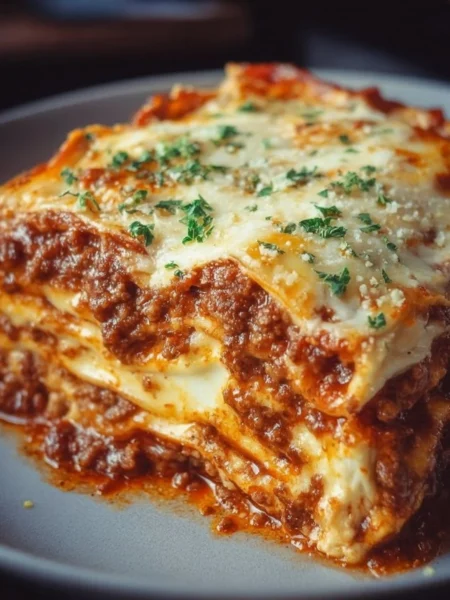 Homemade easy lasagna ready to serve, topped with melted cheese and fresh herbs
