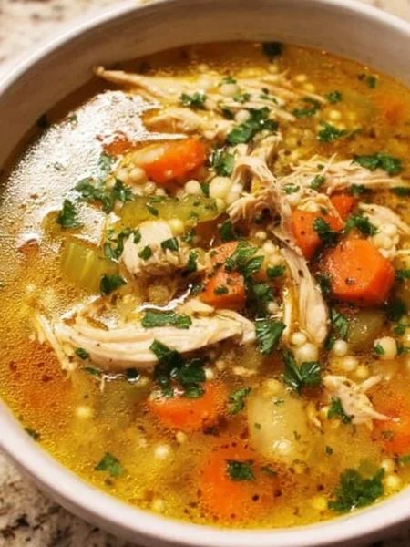 Bowl of easy leftover turkey soup garnished with herbs and vegetables