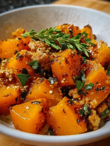 Easy roasted butternut squash paired with ground turkey in a delicious dish.