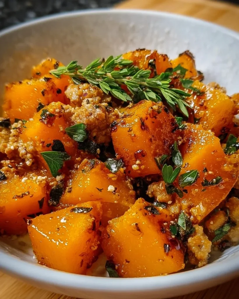 Easy roasted butternut squash paired with ground turkey in a delicious dish.