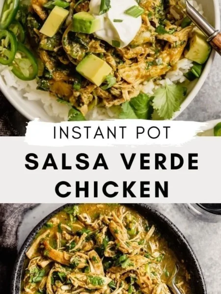 Delicious salsa verde chicken cooked in an Instant Pot with green sauce