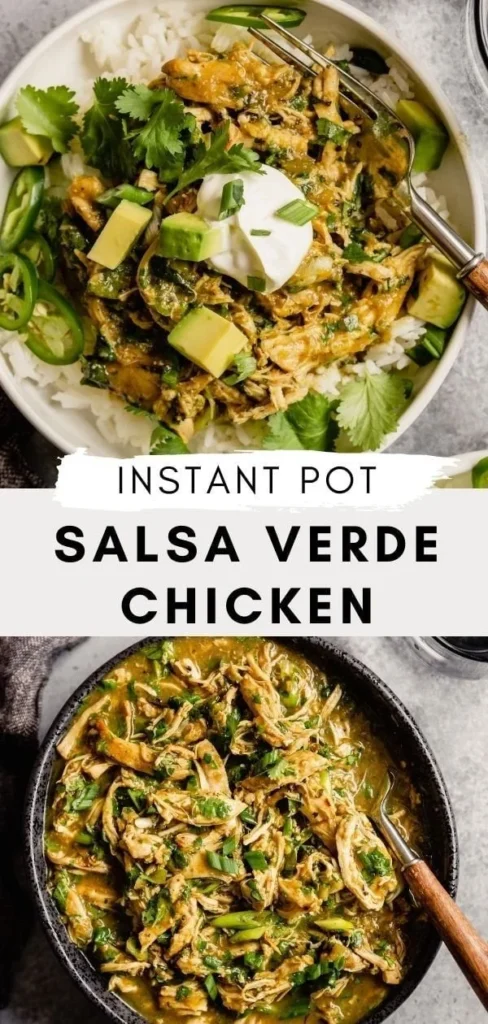 Delicious salsa verde chicken cooked in an Instant Pot with green sauce