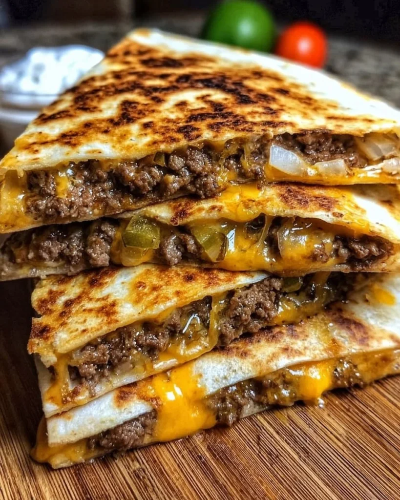 Delicious smashburger quesadillas served on a plate with toppings.