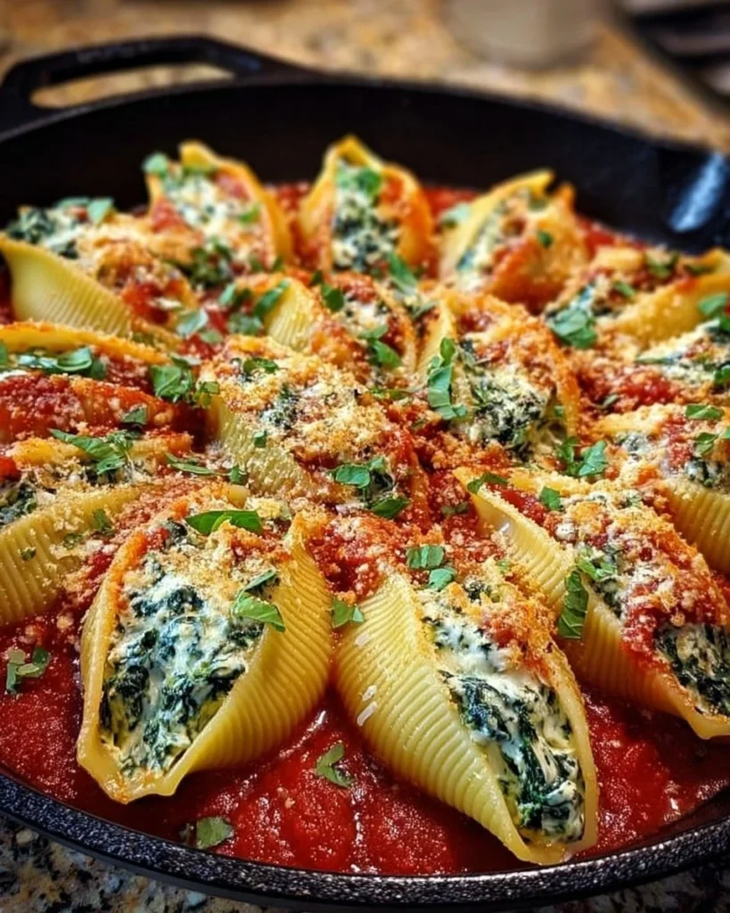 Easy spinach and ricotta stuffed shells topped with marinara sauce