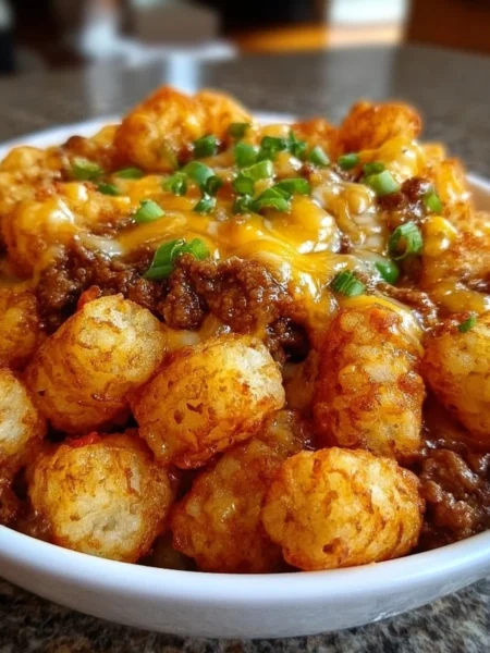 Easy tater tot casserole topped with golden crispy tater tots and cheese.