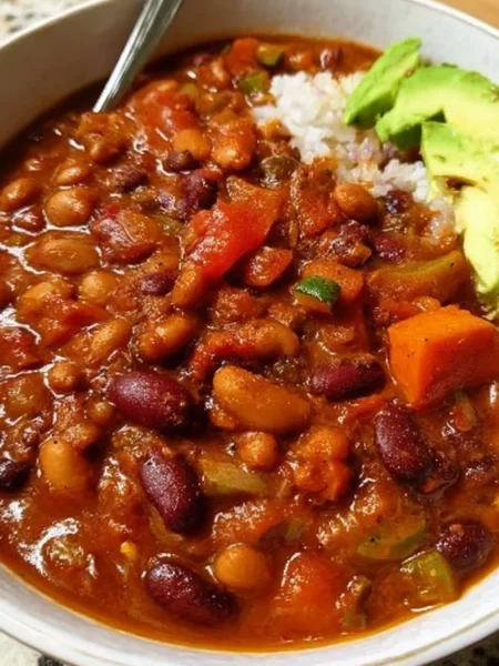 Bowl of easy vegan chili packed with protein ingredients