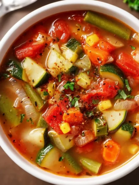 Bowl of easy vegetable soup with fresh vegetables and herbs