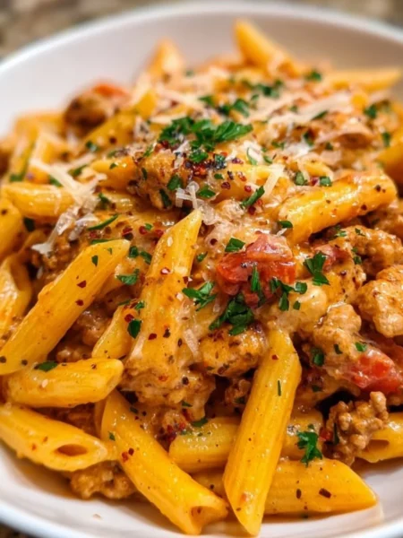 Delicious plate of Gordon Ramsay ground turkey pasta topped with herbs