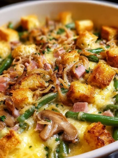 Delicious green bean casserole served in a brunch setting for a large gathering.