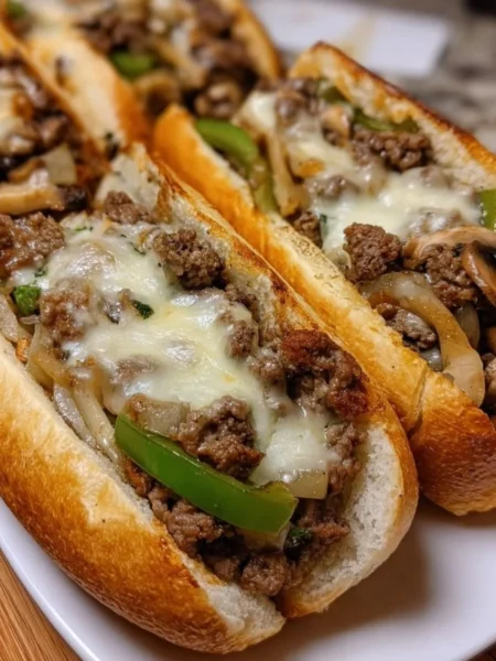 Ground Beef Philly Cheesesteak sandwich with toppings on a plate