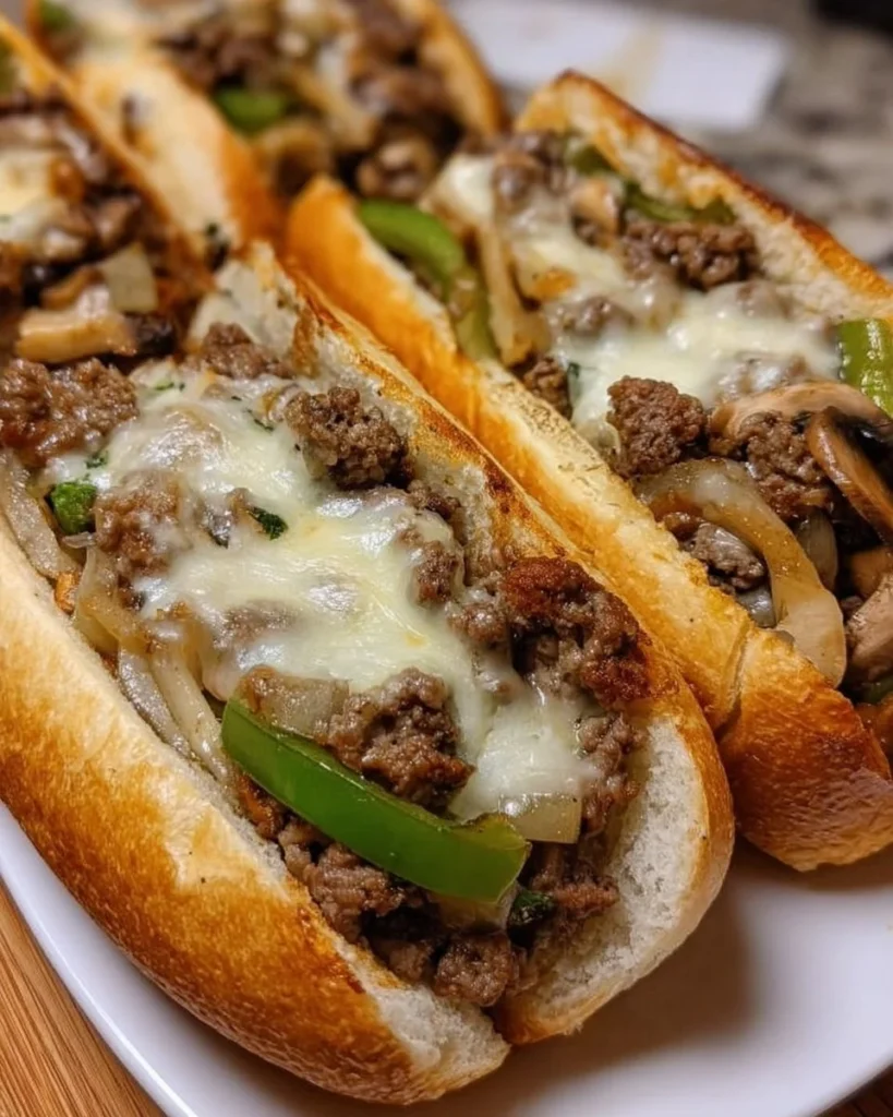 Ground Beef Philly Cheesesteak sandwich with toppings on a plate