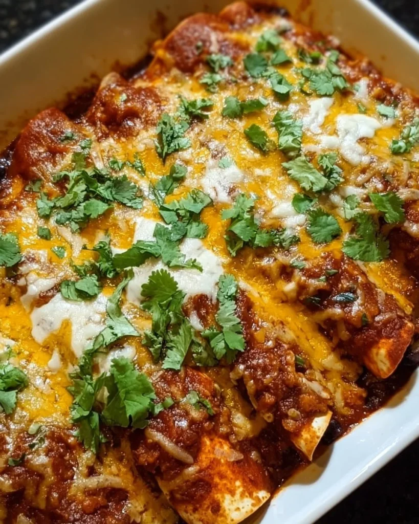 Delicious ground turkey black bean enchiladas topped with cheese and fresh ingredients.