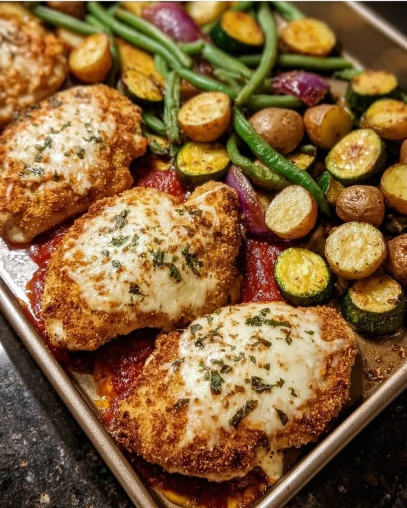 Healthy chicken parmesan with roasted vegetables served on a plate.