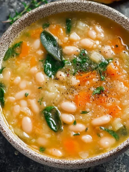 Bowl of healthy low calorie white bean soup garnished with herbs