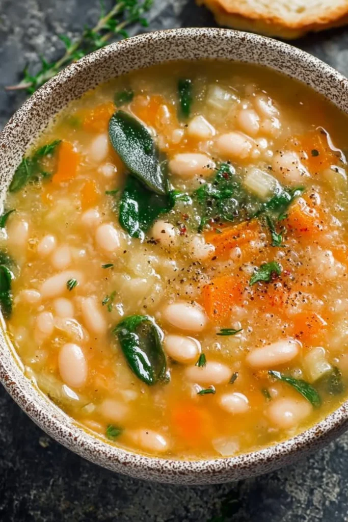 Bowl of healthy low calorie white bean soup garnished with herbs