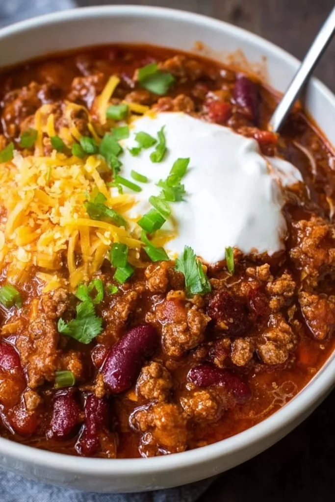 Hearty meat chili with ground beef and beans in a bowl