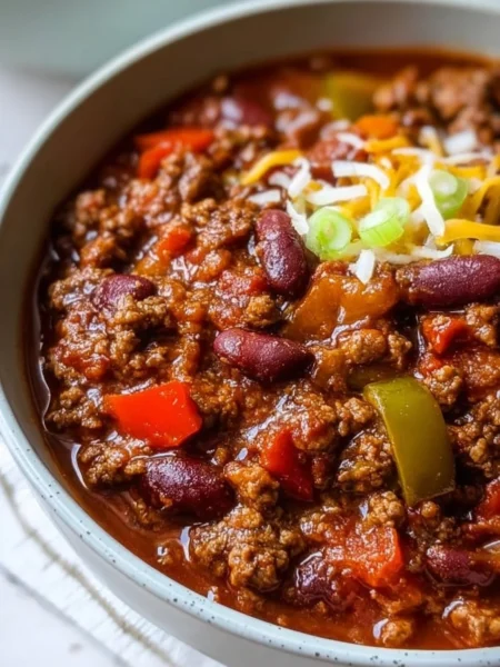 Hearty one pot beef chili ready meal in a bowl garnished with cilantro