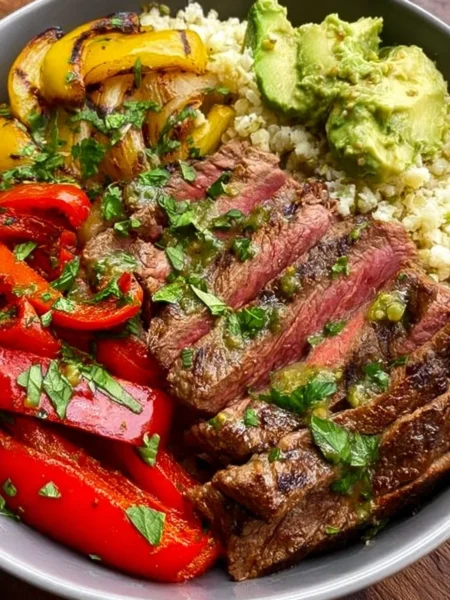 High Protein Steak Fajita Bowl with colorful vegetables and tender steak slices
