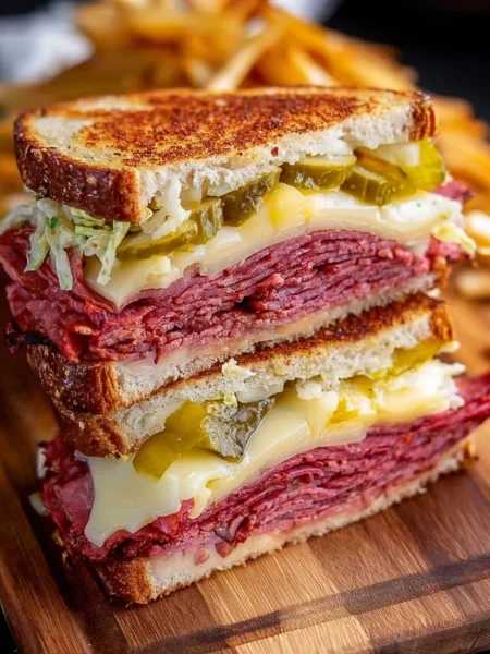 Homemade hot pastrami sandwich with fresh ingredients on a rustic plate