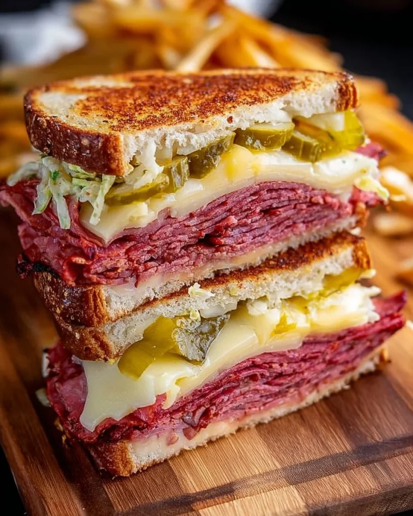 Homemade hot pastrami sandwich with fresh ingredients on a rustic plate