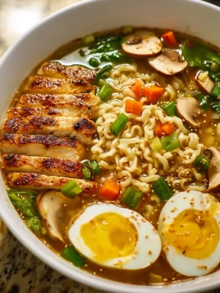 Delicious homemade ramen bowl with fresh ingredients and toppings for family meals.