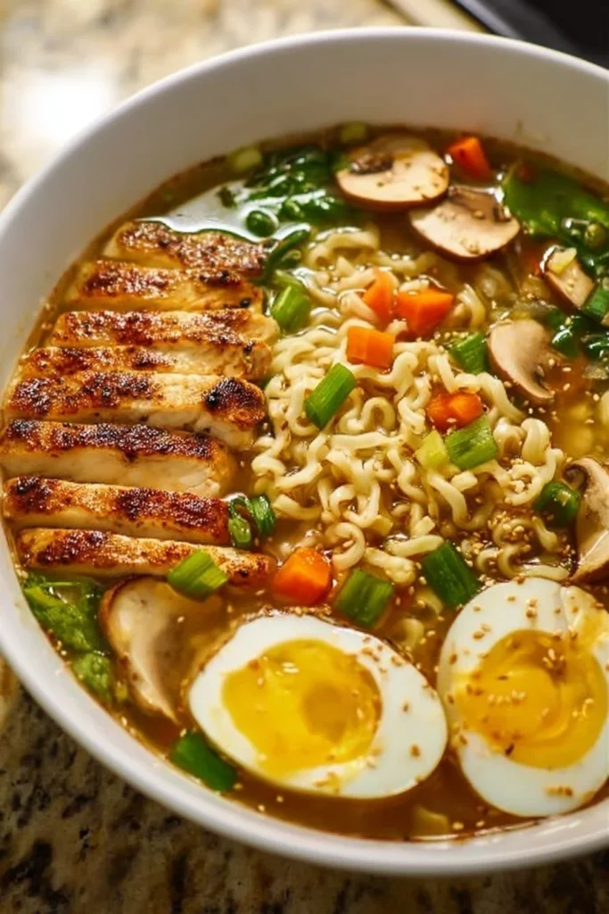 Delicious homemade ramen bowl with fresh ingredients and toppings for family meals.