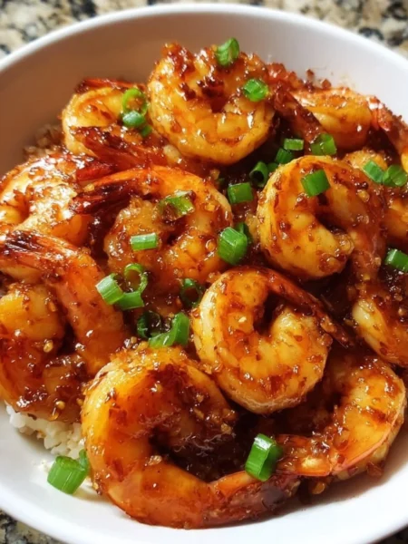 Plate of delicious Honey Garlic Shrimp garnished with green onions