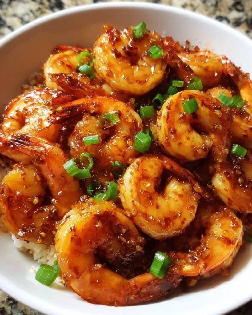 Plate of delicious Honey Garlic Shrimp garnished with green onions