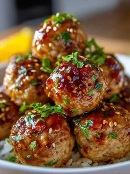 Plate of honey garlic turkey meatballs in a savory sauce