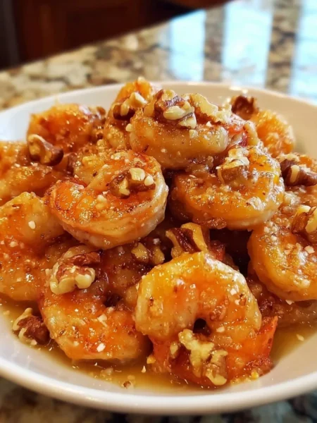 Delicious Honey Walnut Shrimp served on a plate garnished with green onions.