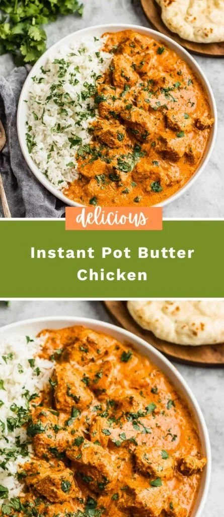 Delicious Instant Pot butter chicken served with rice and garnish.