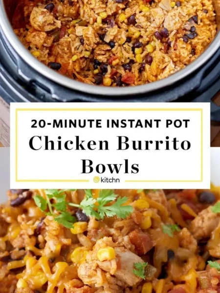 Instant Pot chicken burrito bowls topped with fresh ingredients