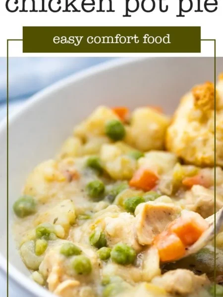 Delicious Instant Pot chicken pot pie served in a bowl with a flaky crust