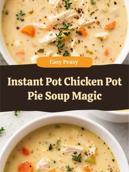 Delicious Instant Pot chicken pot pie soup in a bowl topped with herbs.
