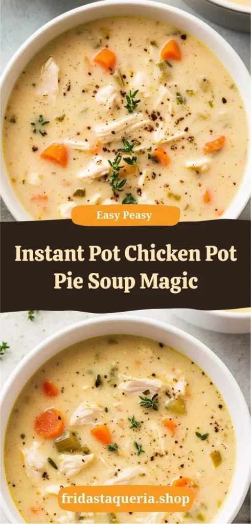 Delicious Instant Pot chicken pot pie soup in a bowl topped with herbs.