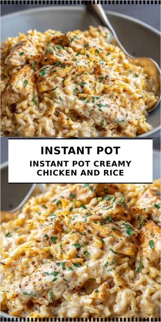 Instant Pot creamy chicken and rice dish served in a bowl with fresh herbs on top.