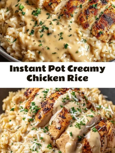 Bowl of Instant Pot creamy chicken rice garnished with herbs