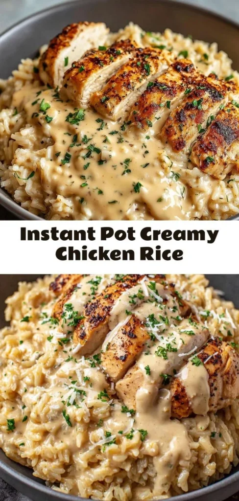 Bowl of Instant Pot creamy chicken rice garnished with herbs