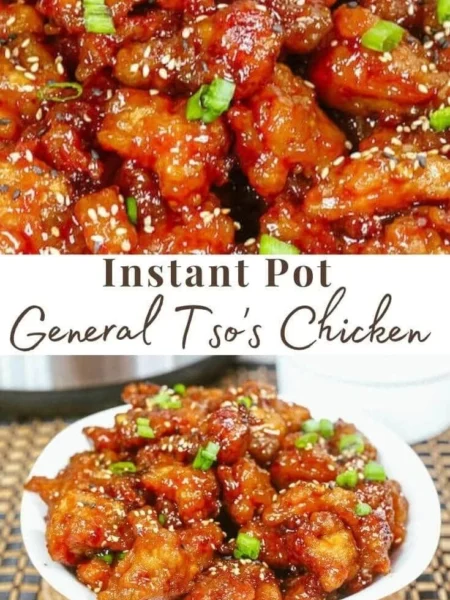 Delicious Instant Pot General Tso's Chicken served with rice and vegetables