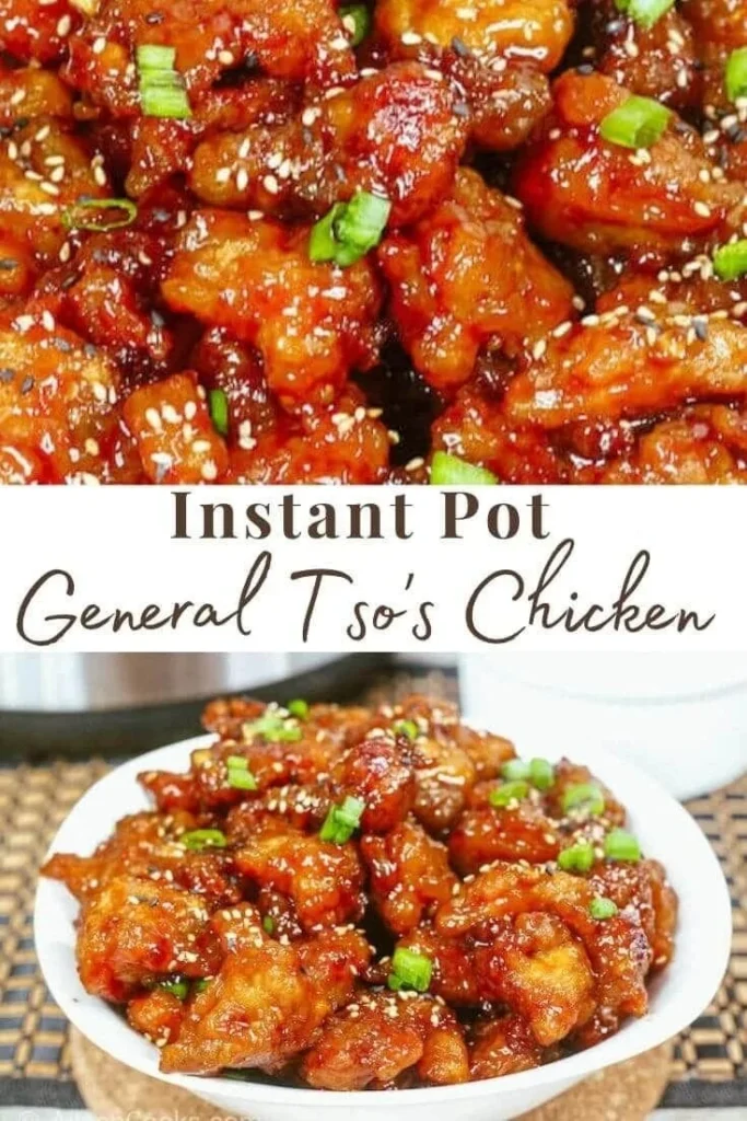 Delicious Instant Pot General Tso's Chicken served with rice and vegetables