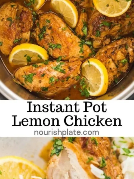 Plate of Instant Pot Lemon Garlic Chicken garnished with herbs