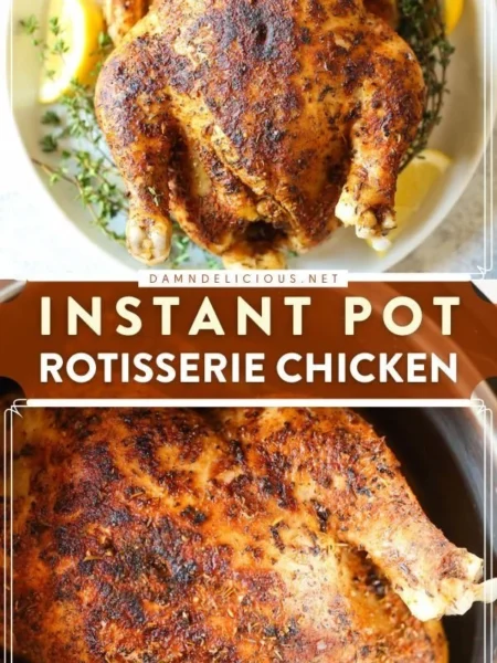 Succulent Instant Pot rotisserie chicken garnished with herbs and spices.