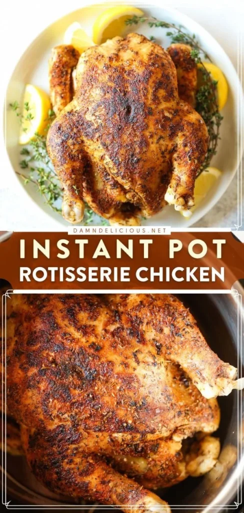 Succulent Instant Pot rotisserie chicken garnished with herbs and spices.