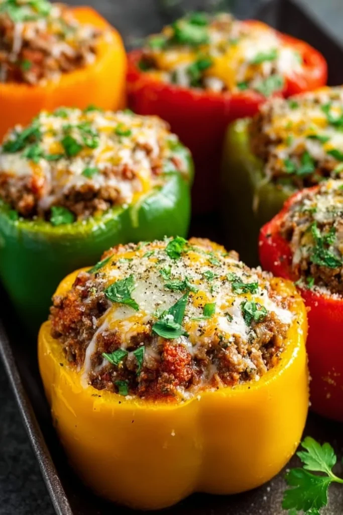 Colorful keto stuffed bell peppers filled with healthy ingredients.