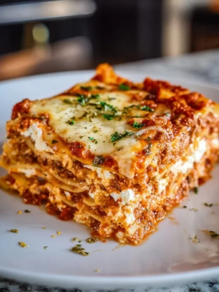 Delicious lasagna layered with cottage cheese and marinara sauce.