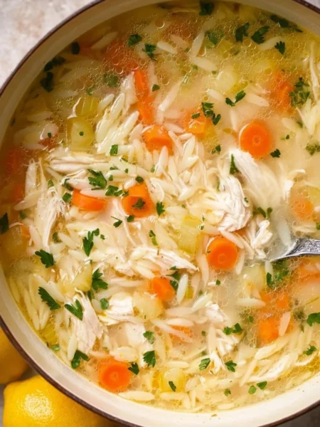 Bowl of delicious Lemon Chicken Orzo Soup with chicken and lemon slices