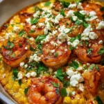 Mexican street corn topped with shrimp and creamy feta cheese sauce