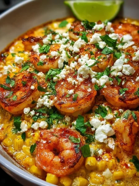 Mexican street corn topped with shrimp and creamy feta cheese sauce